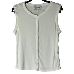 Pink Rose White Ribbed Sleeveless Button Front Crew Neck Top Size M